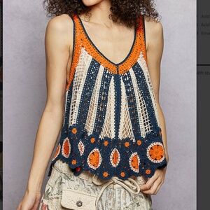 POL One Size Fits Most Crochet Tank Top in Navy, Orange, and Cream